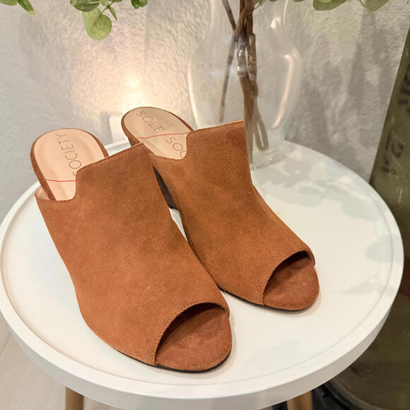 Sole Society Drew Suede Cognac Mule Wedge Brown Womens 8.5 Like New - Picture 2 of 6